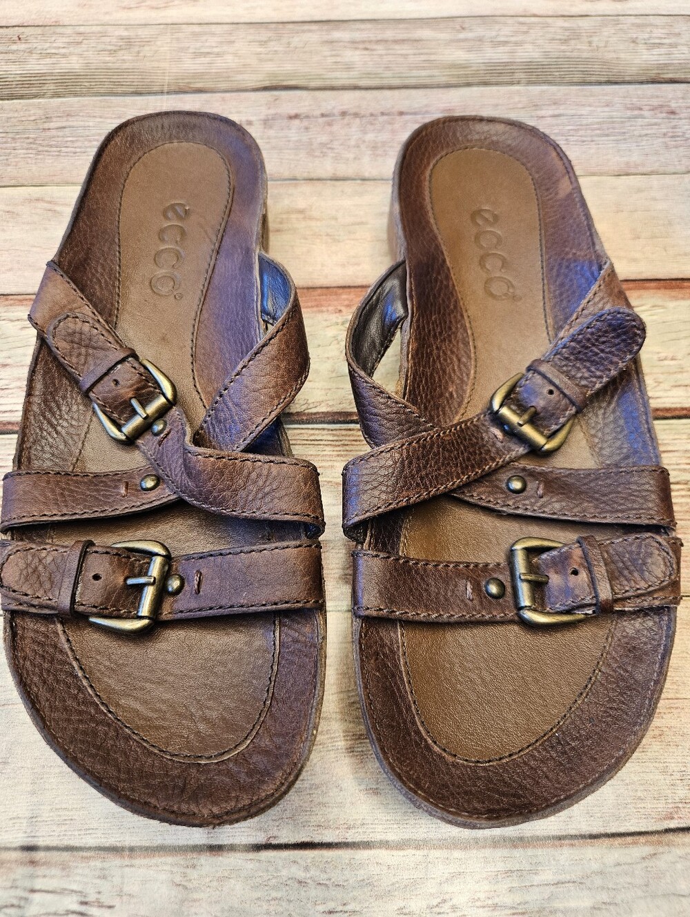 Ecco Mules Sandals Slides Buckle Crisscross Brown Wedges Shoes 
